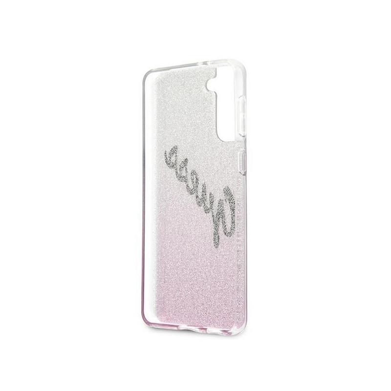 Guess Glitter Gradient Script dėklas, skirtas Samsung Galaxy S21+ - rožinis