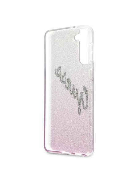 Guess Glitter Gradient Script dėklas, skirtas Samsung Galaxy S21+ - rožinis Guess Glitter Gradient Script dėklas, skirtas Samsung Galaxy S21+ - rožinis