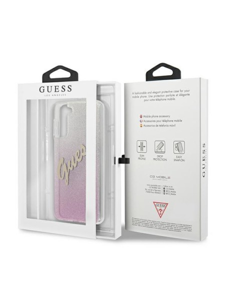 Guess Glitter Gradient Script dėklas, skirtas Samsung Galaxy S21+ - rožinis Guess Glitter Gradient Script dėklas, skirtas Samsung Galaxy S21+ - rožinis