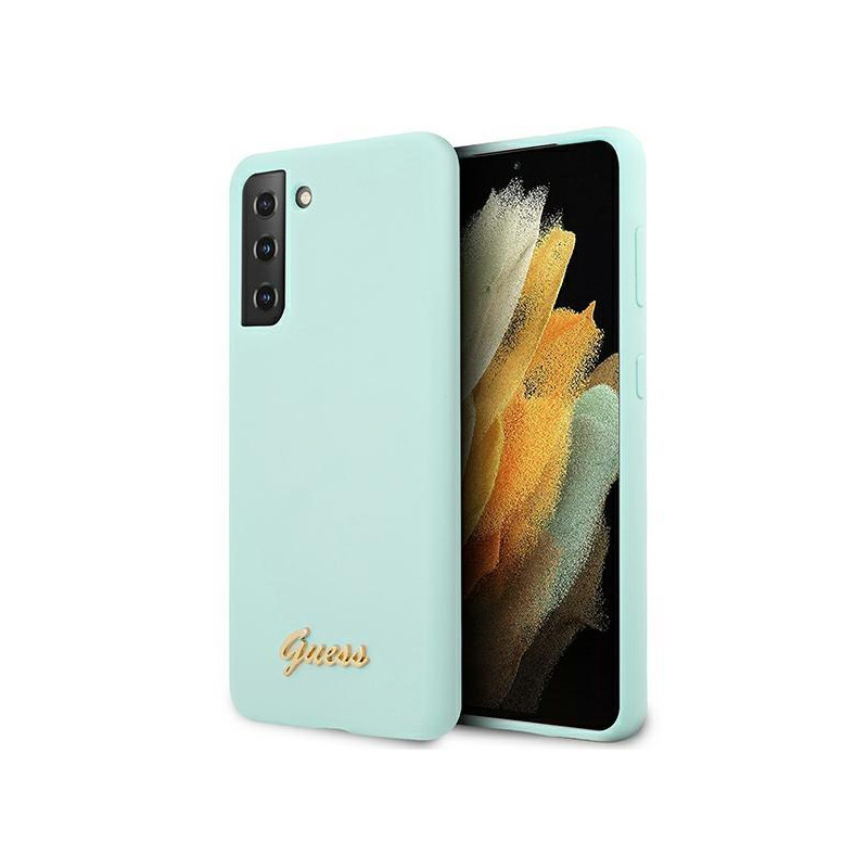 Guess Silicone Script Metal Logo dėklas, skirtas Samsung Galaxy S21+ - mėlynas