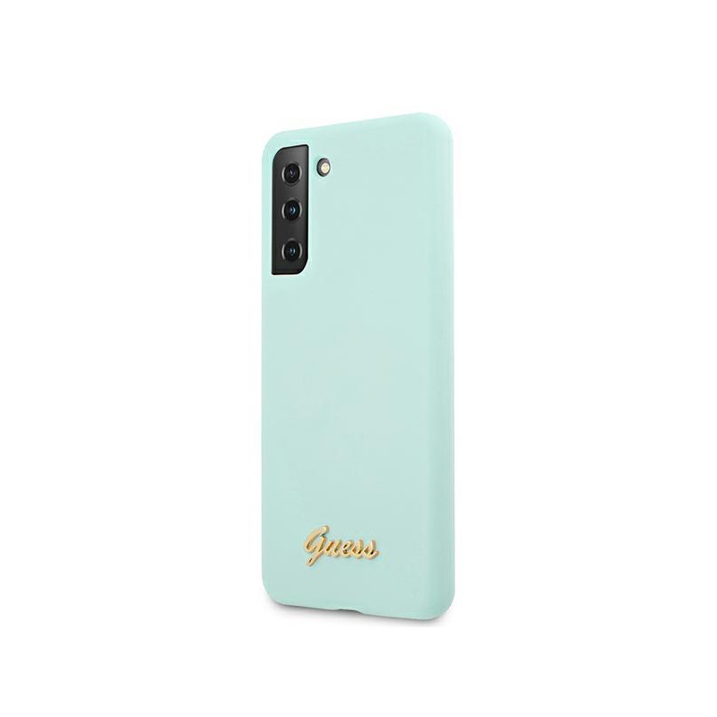 Guess Silicone Script Metal Logo dėklas, skirtas Samsung Galaxy S21+ - mėlynas