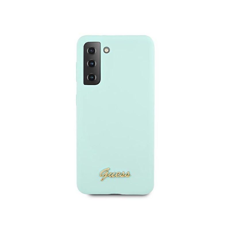 Guess Silicone Script Metal Logo dėklas, skirtas Samsung Galaxy S21+ - mėlynas
