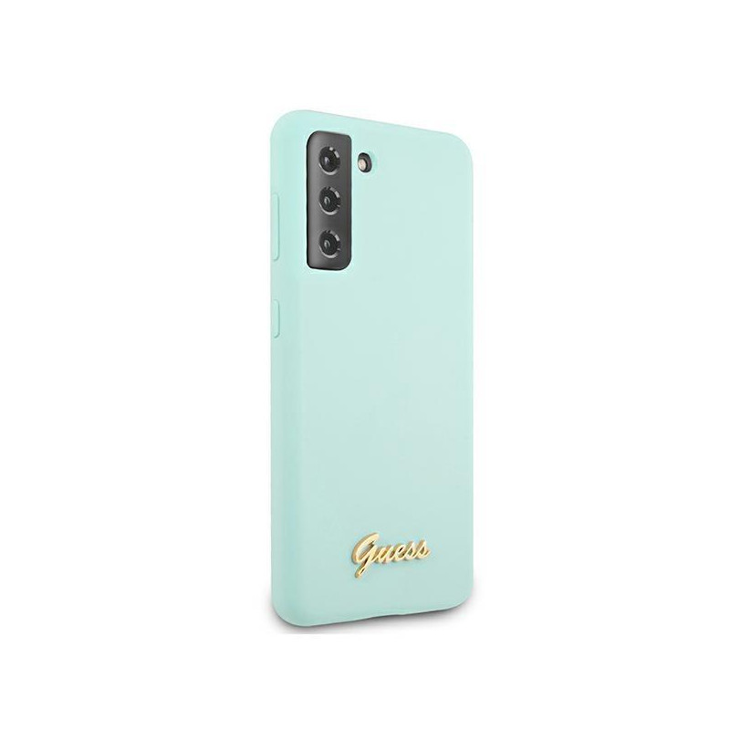 Guess Silicone Script Metal Logo dėklas, skirtas Samsung Galaxy S21+ - mėlynas