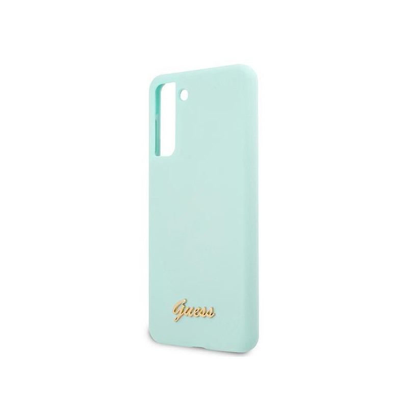 Guess Silicone Script Metal Logo dėklas, skirtas Samsung Galaxy S21+ - mėlynas