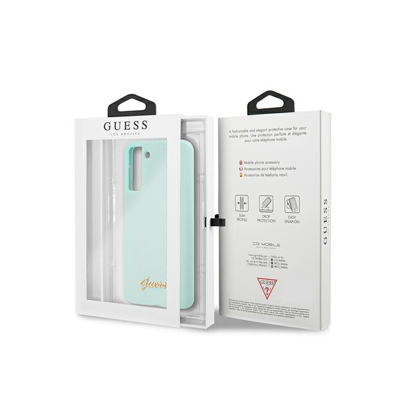 Guess Silicone Script Metal Logo dėklas, skirtas Samsung Galaxy S21+ - mėlynas