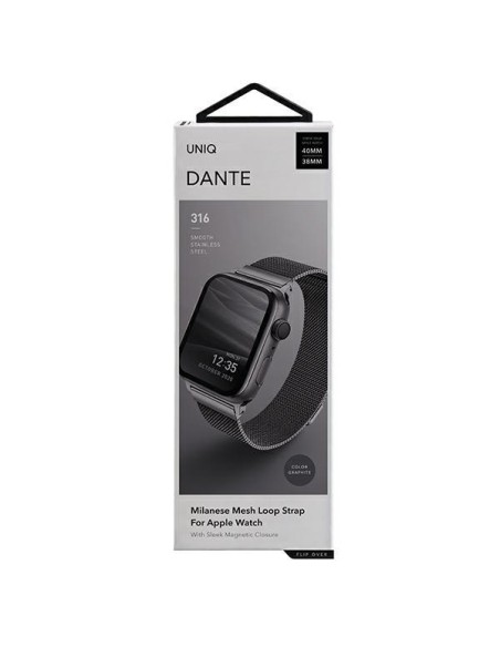 Uniq Dante nerūdijančio plieno dirželis, skirtas Apple Watch 1/ 2/ 3/ 4/ 5/ 6/ 7/ 8/ SE/ SE2 38/ 40/ 41mm – grafitas