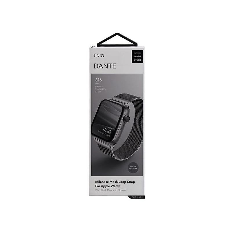 Uniq Dante nerūdijančio plieno dirželis, skirtas Apple Watch 1/ 2/ 3/ 4/ 5/ 6/ 7/ 8/ SE/ SE2 42/ 44/ 45mm – grafitas