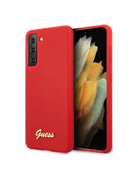 Guess Silicone Script Metal Logo dėklas, skirtas Samsung Galaxy S21+ - raudonas Guess Silicone Script Metal Logo dėklas, skirtas Samsung Galaxy S21+ - raudonas