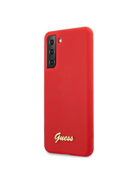 Guess Silicone Script Metal Logo dėklas, skirtas Samsung Galaxy S21+ - raudonas Guess Silicone Script Metal Logo dėklas, skirtas Samsung Galaxy S21+ - raudonas