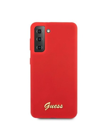 Guess Silicone Script Metal Logo dėklas, skirtas Samsung Galaxy S21+ - raudonas Guess Silicone Script Metal Logo dėklas, skirtas Samsung Galaxy S21+ - raudonas
