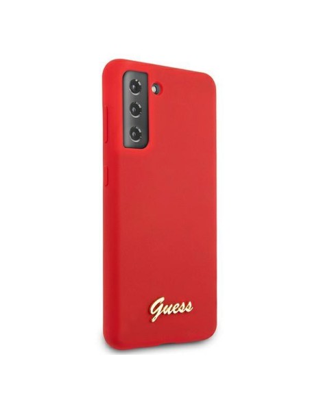 Guess Silicone Script Metal Logo dėklas, skirtas Samsung Galaxy S21+ - raudonas Guess Silicone Script Metal Logo dėklas, skirtas Samsung Galaxy S21+ - raudonas