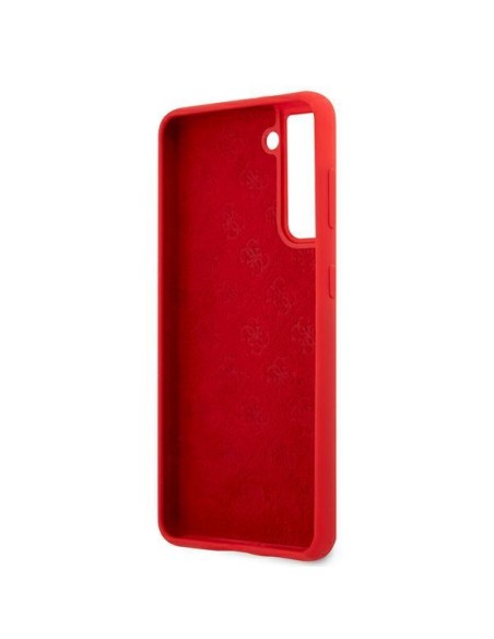Guess Silicone Script Metal Logo dėklas, skirtas Samsung Galaxy S21+ - raudonas Guess Silicone Script Metal Logo dėklas, skirtas Samsung Galaxy S21+ - raudonas