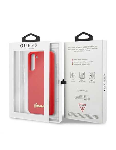 Guess Silicone Script Metal Logo dėklas, skirtas Samsung Galaxy S21+ - raudonas Guess Silicone Script Metal Logo dėklas, skirtas Samsung Galaxy S21+ - raudonas