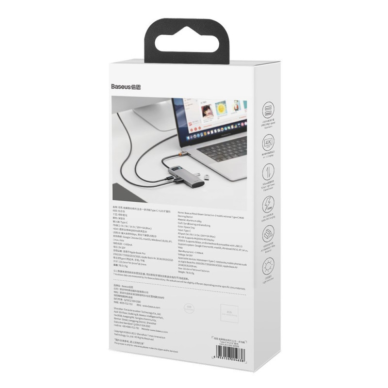 „Baseus Metal Gleam 5in1“ daugiafunkcis C tipo USB koncentratorius – C tipo USB maitinimo tiekimas 100 W / HDMI 4K 30 Hz...