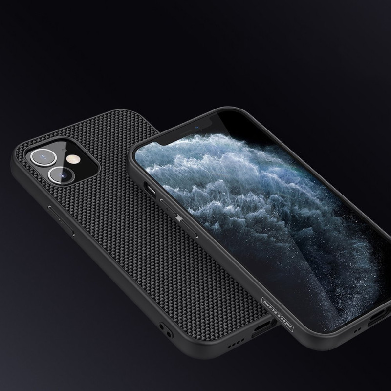 Nillkin Textured Case tvirtas sustiprintas dėklas su gelio rėmeliu ir nailonine nugara, skirtas iPhone 12 mini juodai