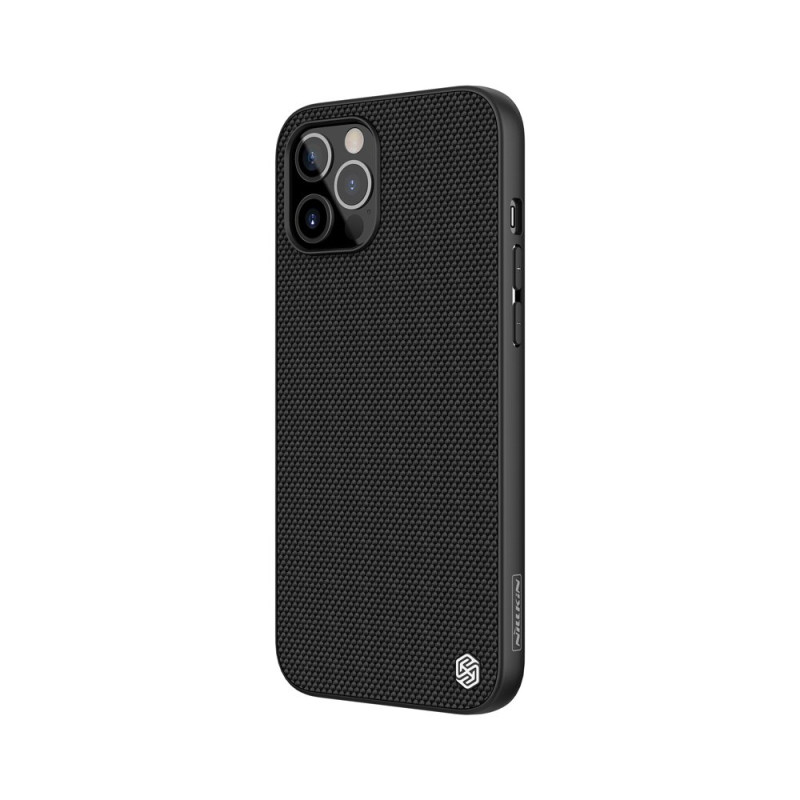 Nillkin Textured Case tvirtas sustiprintas dėklas su gelio rėmeliu ir nailonine nugara, skirtas iPhone 12 Pro Max juodai