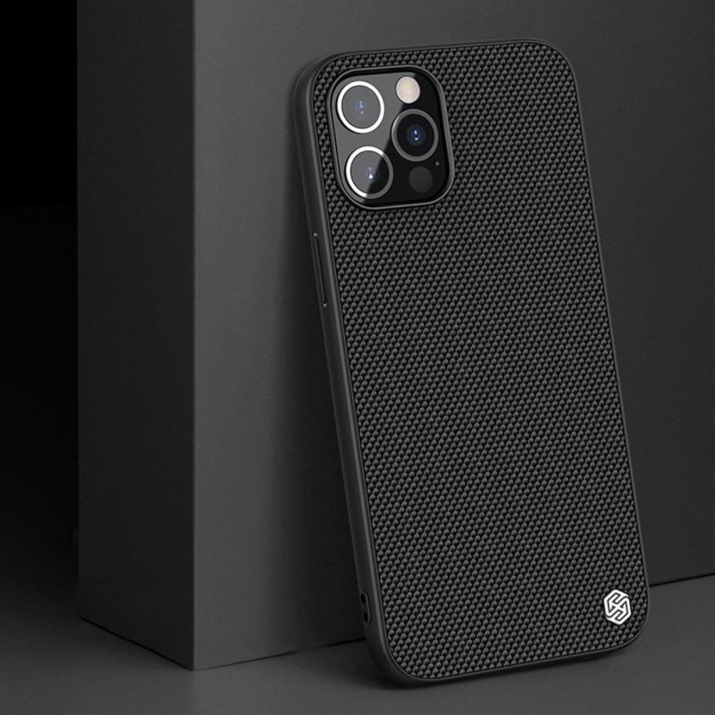 Nillkin Textured Case tvirtas sustiprintas dėklas su gelio rėmeliu ir nailonine nugara, skirtas iPhone 12 Pro Max juodai