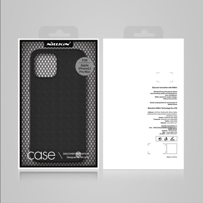 Nillkin Textured Case tvirtas sustiprintas dėklas su gelio rėmeliu ir nailonine nugara, skirtas iPhone 12 Pro Max juodai