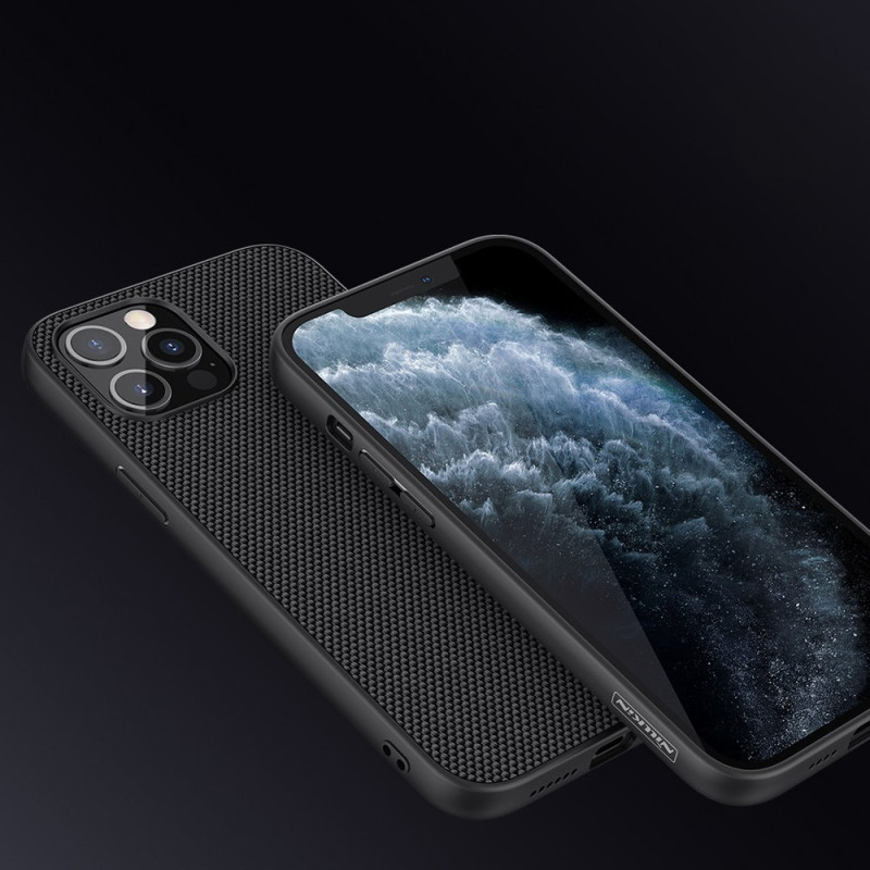 Nillkin Textured Case tvirtas sustiprintas dėklas su gelio rėmeliu ir nailonine nugara, skirtas iPhone 12 Pro Max juodai