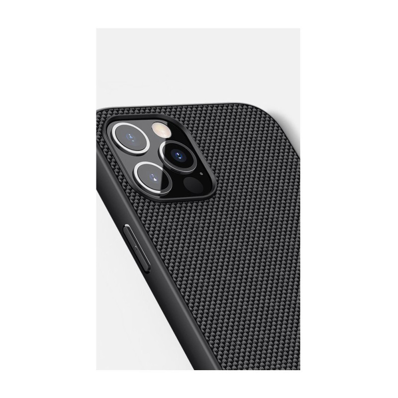Nillkin Textured Case tvirtas sustiprintas dėklas su gelio rėmeliu ir nailonine nugara, skirtas iPhone 12 Pro Max juodai