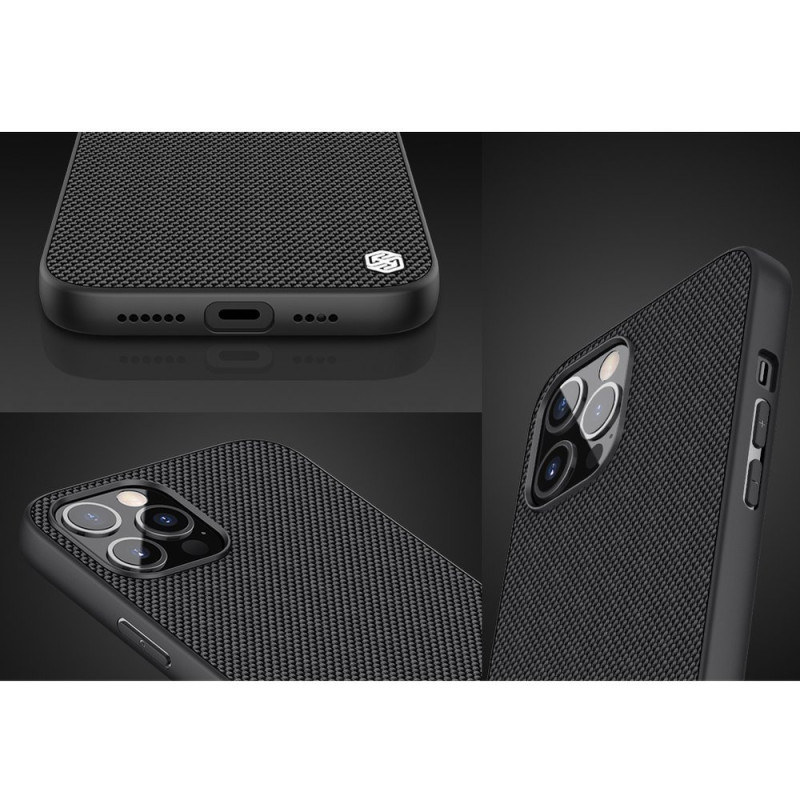 Nillkin Textured Case tvirtas sustiprintas dėklas su gelio rėmeliu ir nailonine nugara, skirtas iPhone 12 Pro Max juodai