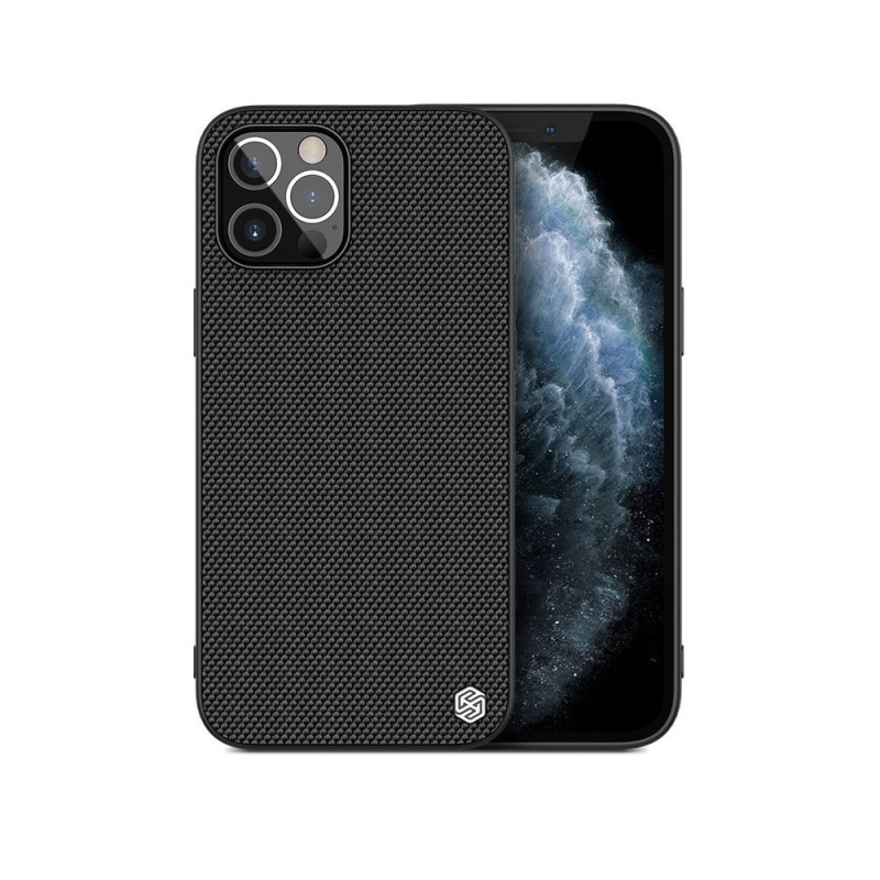 Nillkin Textured Case tvirtas sustiprintas dėklas su gelio rėmeliu ir nailonine nugara, skirtas iPhone 12 Pro Max juodai
