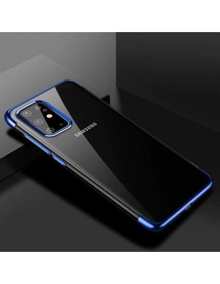 Skaidrios spalvos gelinis dėklas su metaliniu rėmeliu, skirtas Samsung Galaxy A72 4G mėlynai