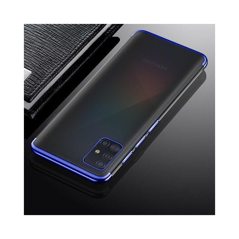 Skaidrios spalvos gelinis dėklas su metaliniu rėmeliu, skirtas Samsung Galaxy A72 4G mėlynai