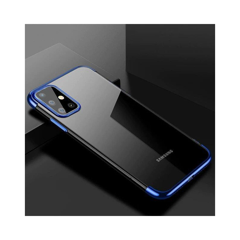 Skaidrios spalvos gelinis dėklas su metaliniu rėmeliu, skirtas Samsung Galaxy A72 4G mėlynai