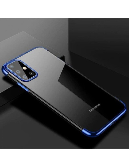 Skaidrios spalvos gelinis dėklas su metaliniu rėmeliu, skirtas Samsung Galaxy A72 4G mėlynai