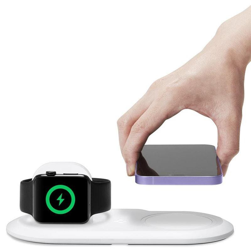 Spigen Magfit Duo indukcinis įkroviklis Apple MagSafe / Apple Watch - baltas Spigen Magfit Duo indukcinis įkroviklis Apple MagSafe / Apple Watch - baltas