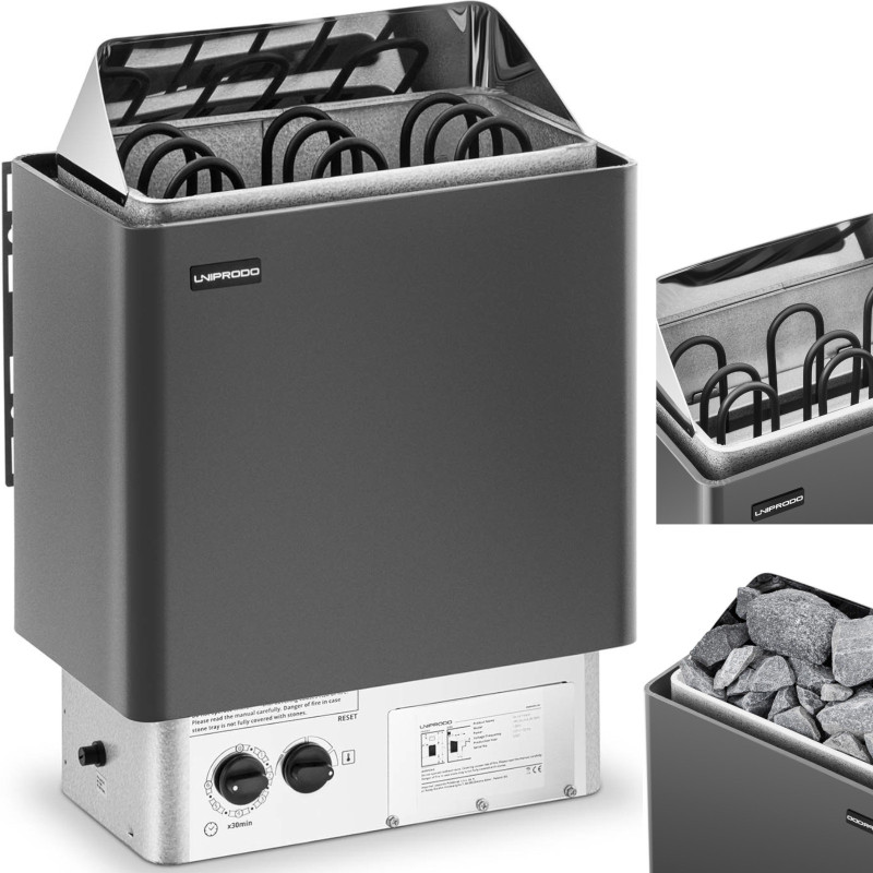 Elektrinė pirties krosnelė su įmontuotu valdymu 3-6 m3 iki 110C 400 V 4,5 kW juodas sidabras Elektrinė pirties krosnelė su įmontuotu valdymu 3-6 m3 iki 110C 400 V 4,5 kW juodas sidabras