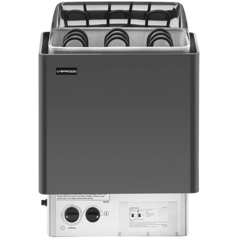 Elektrinė pirties krosnelė su įmontuotu valdymu 3-6 m3 iki 110C 400 V 4,5 kW juodas sidabras