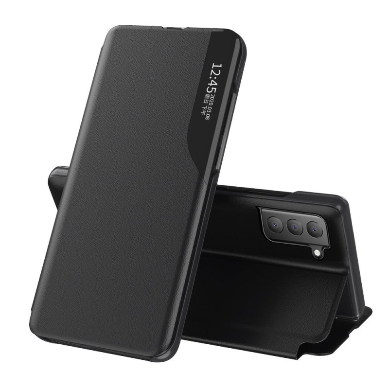 Eco Leather View Case elegantiškas atverčiamas dėklas su stovo funkcija, skirtas Samsung Galaxy S21 FE juodas