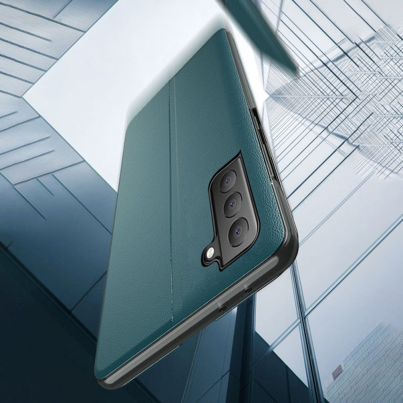 Eco Leather View Case elegantiškas atverčiamas dėklas su stovo funkcija, skirtas Samsung Galaxy S21 FE juodas