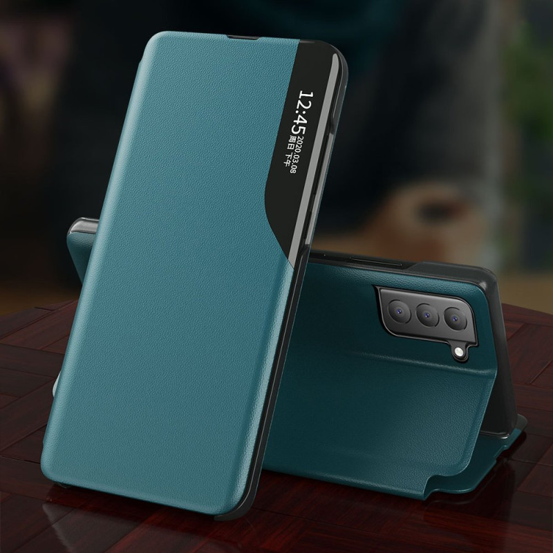 Eco Leather View Case elegantiškas atverčiamas dėklas su stovo funkcija, skirtas Samsung Galaxy S21 FE juodas