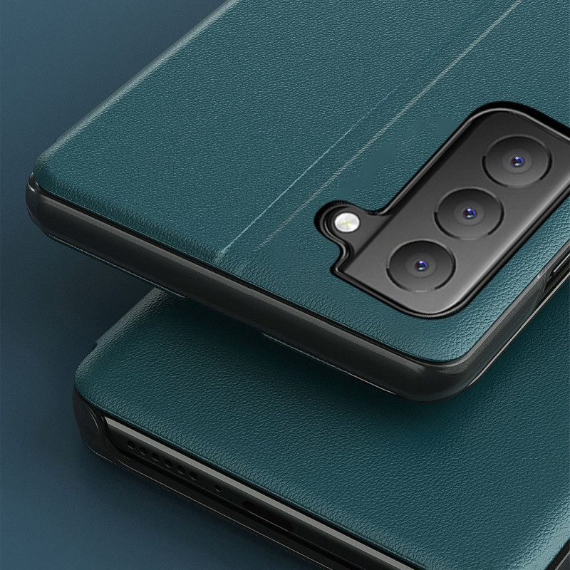 Eco Leather View Case elegantiškas atverčiamas dėklas su stovo funkcija, skirtas Samsung Galaxy S21 FE juodas