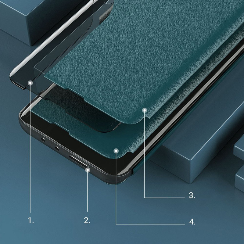 Eco Leather View Case elegantiškas atverčiamas dėklas su stovo funkcija, skirtas Samsung Galaxy S21 FE juodas