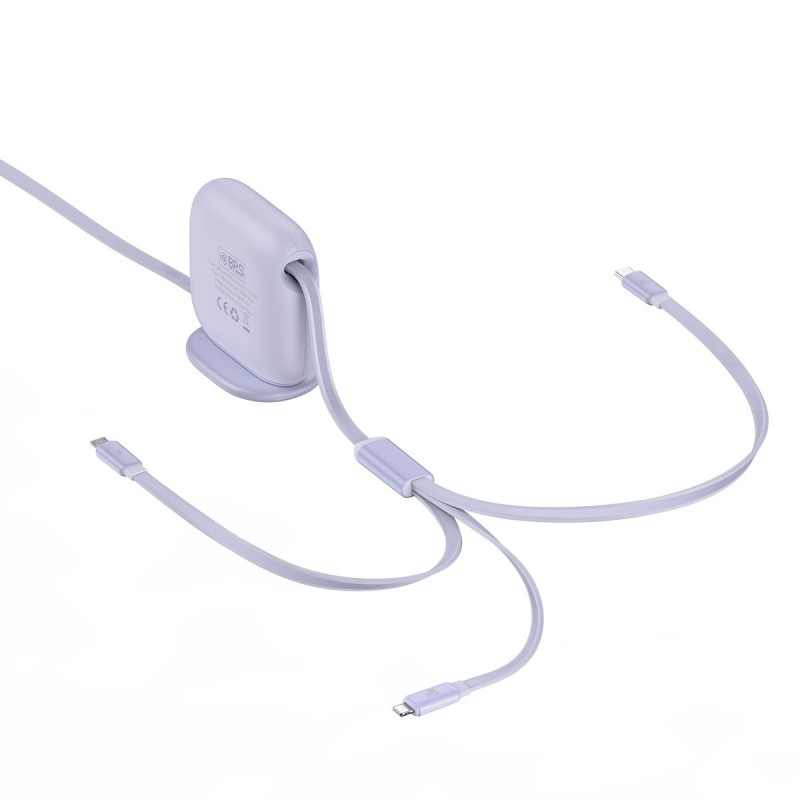 Kabelis ištraukiamas 3in1 USB-C microUSB iPhone Lightning 1,7m violetinė