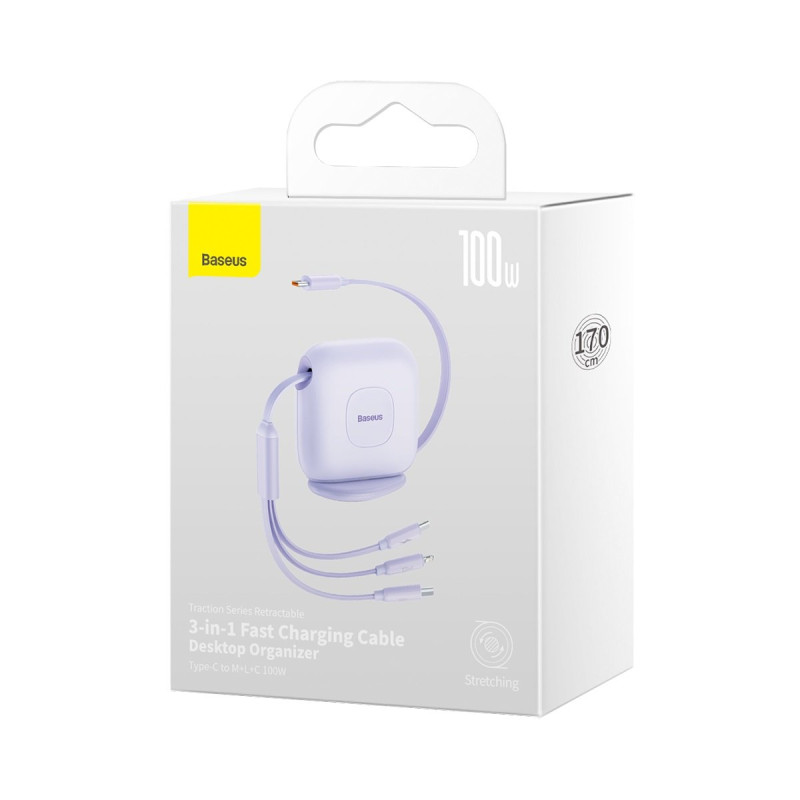 Kabelis ištraukiamas 3in1 USB-C microUSB iPhone Lightning 1,7m violetinė