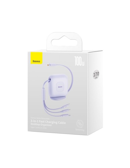 Kabelis ištraukiamas 3in1 USB-C microUSB iPhone Lightning 1,7m violetinė Kabelis ištraukiamas 3in1 USB-C microUSB iPhone Lightning 1,7m violetinė