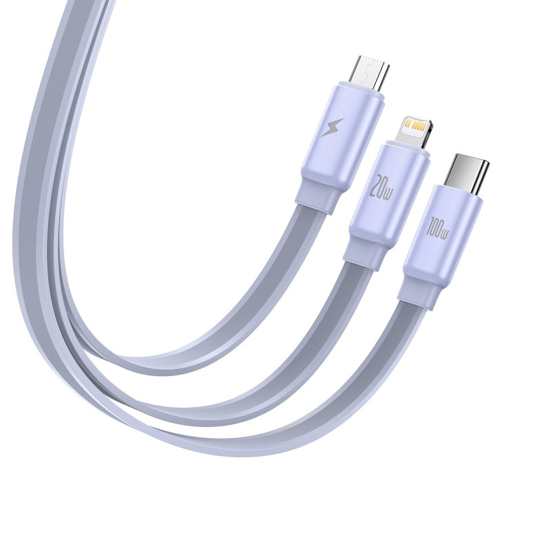 Kabelis ištraukiamas 3in1 USB-C microUSB iPhone Lightning 1,7m violetinė