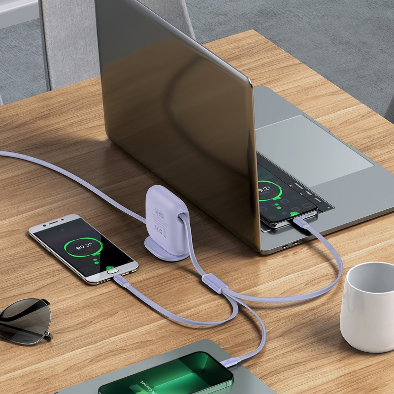 Kabelis ištraukiamas 3in1 USB-C microUSB iPhone Lightning 1,7m violetinė