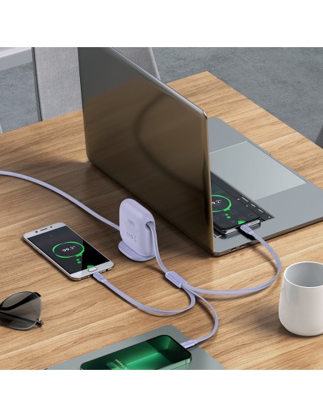 Kabelis ištraukiamas 3in1 USB-C microUSB iPhone Lightning 1,7m violetinė Kabelis ištraukiamas 3in1 USB-C microUSB iPhone Lightning 1,7m violetinė