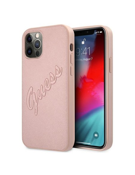 Guess Saffiano Vintage Script dėklas, skirtas iPhone 12 Pro Max – rožinis