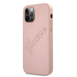 Guess Saffiano Vintage Script dėklas, skirtas iPhone 12 Pro Max – rožinis