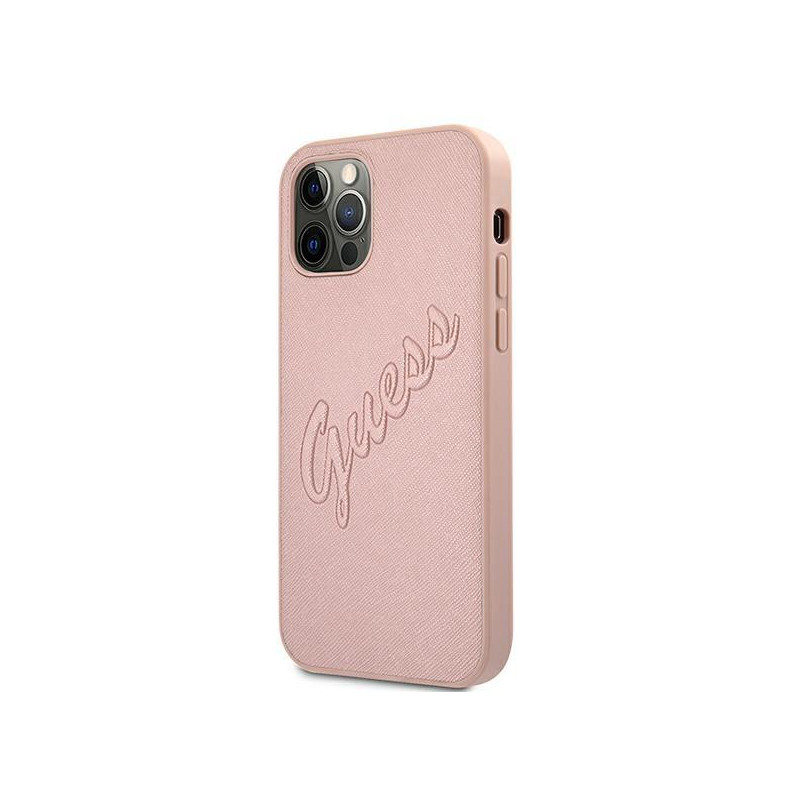 Guess Saffiano Vintage Script dėklas, skirtas iPhone 12 Pro Max – rožinis