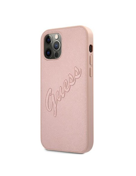 Guess Saffiano Vintage Script dėklas, skirtas iPhone 12 Pro Max – rožinis