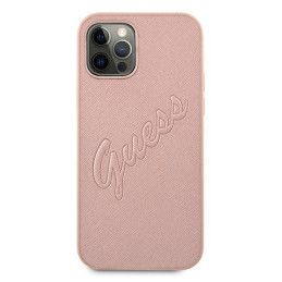 Guess Saffiano Vintage Script dėklas, skirtas iPhone 12 Pro Max – rožinis