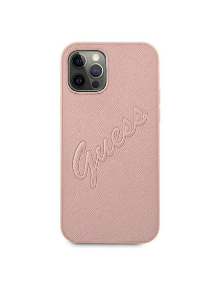 Guess Saffiano Vintage Script dėklas, skirtas iPhone 12 Pro Max – rožinis